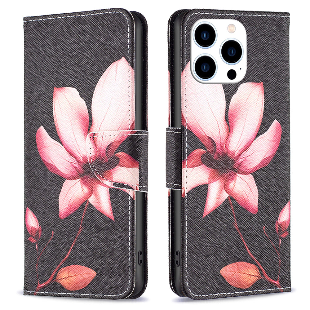 PU Leather Stand Wallet Case for iPhone 15 Pro , Pattern Printing Full Protection Phone Cover - Pink Flower PU Leather Stand Wallet Case for iPhone 15 Pro , Pattern Printing Full Protection Phone Cover - Pink Flower